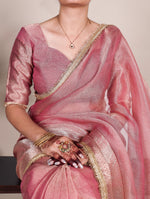 Load image into Gallery viewer, Pink Tissue Shimmer Sarees With Price and Online Shopping Price Under 1500 . Elegant Tissue Shimmer Saree with Zari Weaving and Sequins Lace Border. Comes with an unstitched blouse. Perfect for festive and wedding occasions. Buy now This Saree Traditional look For 2024-25 , 2025-26 . 
