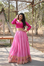 Load image into Gallery viewer, Pink Viscose Jequard Dhavani Set , Langa Voni ,Davani and Hlaf-Saree With Price and Online Shopping Price Under 2000 . This Fabric Viscose Jequard Fabric Soft and Border Zari Weaving Work and Plan Blouse Pink and Traditional Look 2024-25 . 
