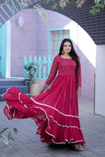Load image into Gallery viewer, Pink Embroidered Gown , Designer Pink Gown for Women , Party Wear Pink Gown , Fancy Pink Gown Online , Pink Full Sleeve Gown , Pink Gown with Sequins Work , Elegant Pink Gown for Wedding .
