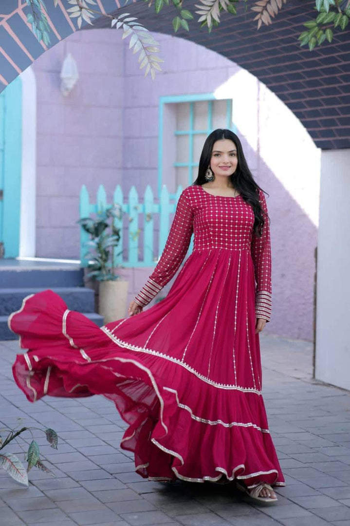 Pink Embroidered Gown , Designer Pink Gown for Women , Party Wear Pink Gown , Fancy Pink Gown Online , Pink Full Sleeve Gown , Pink Gown with Sequins Work , Elegant Pink Gown for Wedding .