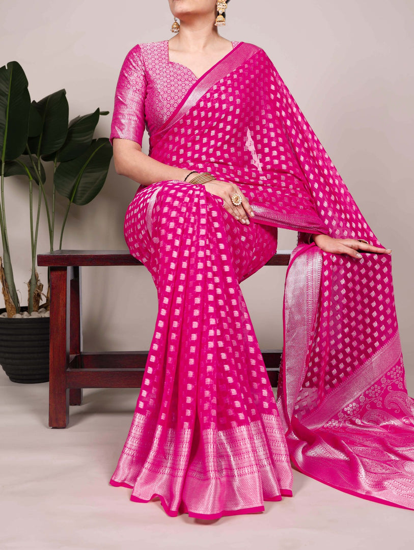 Dark Rani georgette saree , Zari weaving saree in dark rani , Bridal dark rani color saree , Dark rani saree for women , Wedding special dark rani saree , Festive wear dark rani saree , Elegant dark rani traditional saree , Embellished dark rani saree , Dark rani color ethnic wear , Georgette saree in dark rani shade . 