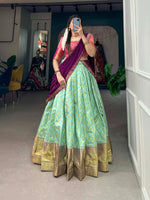 Load image into Gallery viewer, Jacquard Silk Pista Half Saree includes a stitched jacquard silk lehenga with zari weaving, fitting waists up to 42 inches. It features a drawstring and zip closure, 41-inch length, and 4.5 meters of flair, lined with micro cotton for comfort. 
