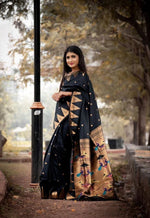 Load image into Gallery viewer, Pure Black Pure Soft Saree price under 2000 . this Fabric mainly manufacturing first Banaras in India. this Fabric Saree For Party An using traditional look 2024-25 .
