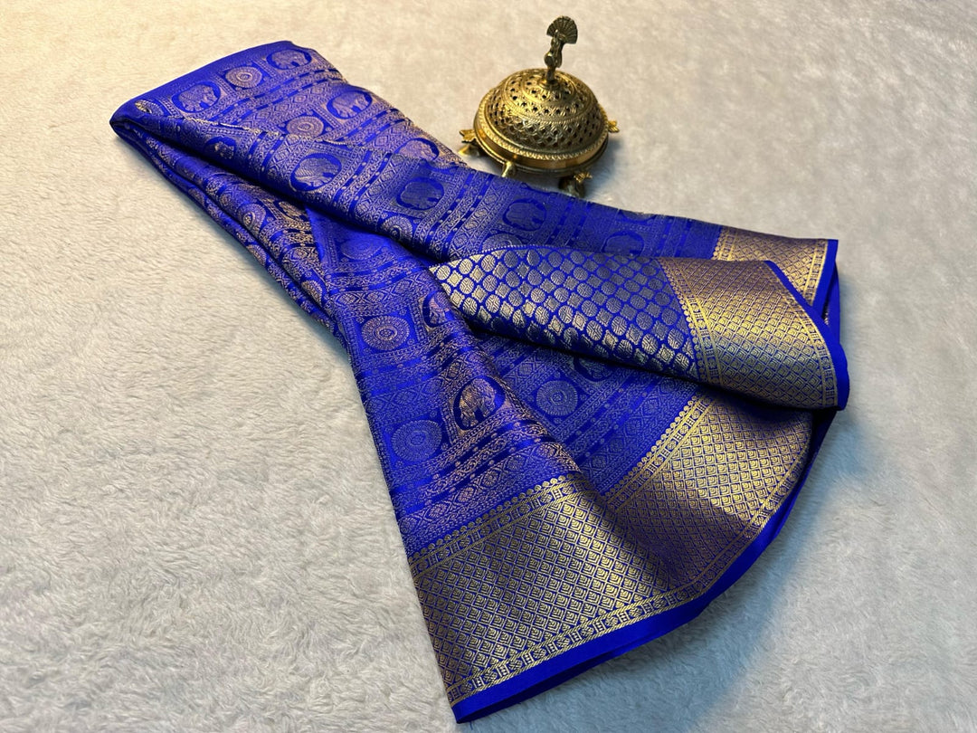 Pure Royal Blue Mysore silk sarees with price and online shopping price under 1500 . this saree mysore silk saree for weddings and  Gold fully zari weaving working all over saree most popular saree 2024-25 .