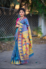 Load image into Gallery viewer, Pure Blue Pure Soft Silk Saree Price with online shopping ready of under 2000 . This fabric soft silk saree with zari weaving work and blouse pink fully smooth silk softness Fabric . 
