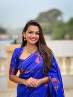Load image into Gallery viewer, Pure Blue Soft Paithani Silk Sarees With Price and This Fabric Soft Paithani Silk Saree For Weddings for Under Price 2000 . This Fabric Soft Paithani Silk Saree First Manufacturer in Aurangabad district of Maharashtra.
