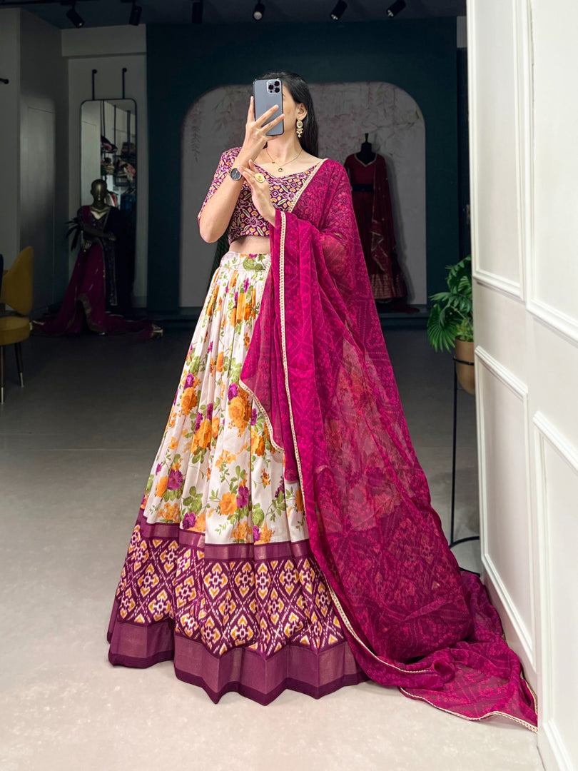 Pure Dark Pink Tussar Silk Dhavani Set | Langa Voni | Davani Set | Half-Sarees Price and Online Shopping Price Under 2000 . This Fabric Dark Pink Tussar Silk Langa Voni and Dhavani Set For Best Weddings Wear Collection Best Price Under 2000 . This Lehenga Best For Fabric So Heavy and Floral And Patola Print With Foil Work and Blouse Unstitched and Patola Print With Foil Work and Dupatta Fabric Chiffon and This Worked Bandhej Print With Lace Border , Traditional look For 2024-25 , 2025-26 . 