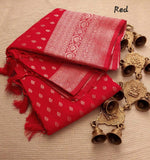 Load image into Gallery viewer, Pure Gulab Red soft silk sarees with price and online shopping price udner 1500 . this Fabric Soft Silk Sarees For Weddings . 
