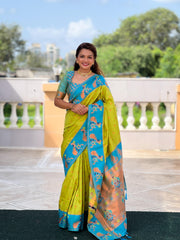Pure Perrot With Gold Zari Weaving Work  Soft Pethani Silk Saree price with online shopping under 2000 . this Fabric Soft Pethani Silk Saree most unique with Light-Blue Pattu in Zari Weaving Work .