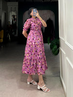 Load image into Gallery viewer, Pink Tabby Silk Printed Frock or Dresses With Price and Online Shopping Price Under 1500 . this Fabric So Heavy and For Wedding Choise Wear Collection. Experience elegance with this stitched Tabby Silk frock. Printed design, micro cotton lining, and adjustable chest fit up to 44 inches. Perfect for all occasions. 
