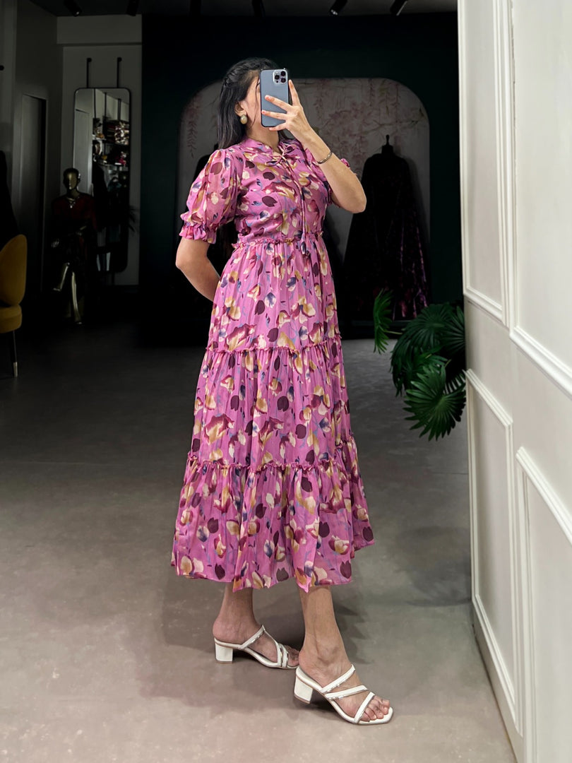 Pink Tabby Silk Printed Frock or Dresses With Price and Online Shopping Price Under 1500 . this Fabric So Heavy and For Wedding Choise Wear Collection. Experience elegance with this stitched Tabby Silk frock. Printed design, micro cotton lining, and adjustable chest fit up to 44 inches. Perfect for all occasions. 