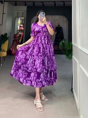 Pure Purple Georgette Dresses Floral Print With Cotton Micro Lining Price and Online Shopping Price Under 1000 . Shop this  Georgette frock with floral print, 3.30-meter flair, and full micro cotton lining. Adjustable chest size up to 40 inches for perfect comfort.