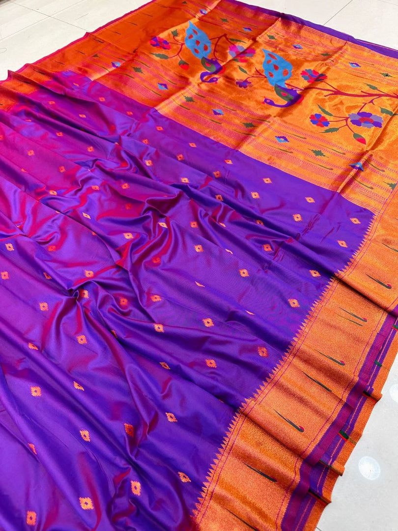 golden zari Purple Saree Soft Silk Sarees price and online shopping price under 2000 . this Fabric most famous and best popular best product zari weaving saree in peacock design more expensive.