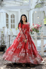 Load image into Gallery viewer, Pure Red Color Faux Georgette Gown Price and Online Shopping Step out in style with this elegant Faux Georgette Printed Gown. Featuring a flattering fit, cotton lining for comfort, and extra margin for size adjustments, it&#39;s perfect for festive or casual occasions.
