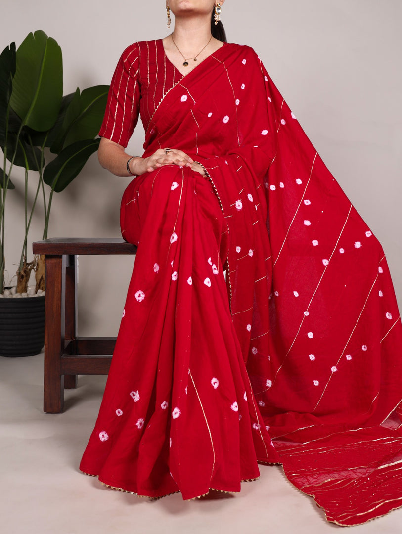 Beautiful Viscose Chanderi saree in Chilli Red Shade With Sequins Along Zari Line and Gota Patti Lace Border and  Most Famous Saree in Durga Puja Of Under 1499 . 