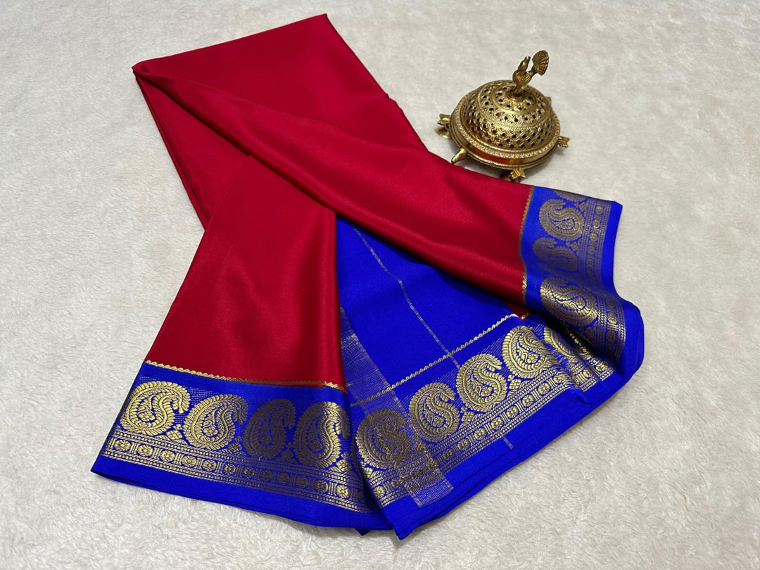 red with blue color heavy mongo design Zari Weaving Work  Semi-Mysore Silk Saree (6.3m) with matching blouse. Machine washable price only 899!!
