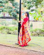 Load image into Gallery viewer, Red Color pure soft silk saree online shopping price under 2000 . this fabric most famous and softness fabric and traditional look red saree with gold zari weaving saree .
