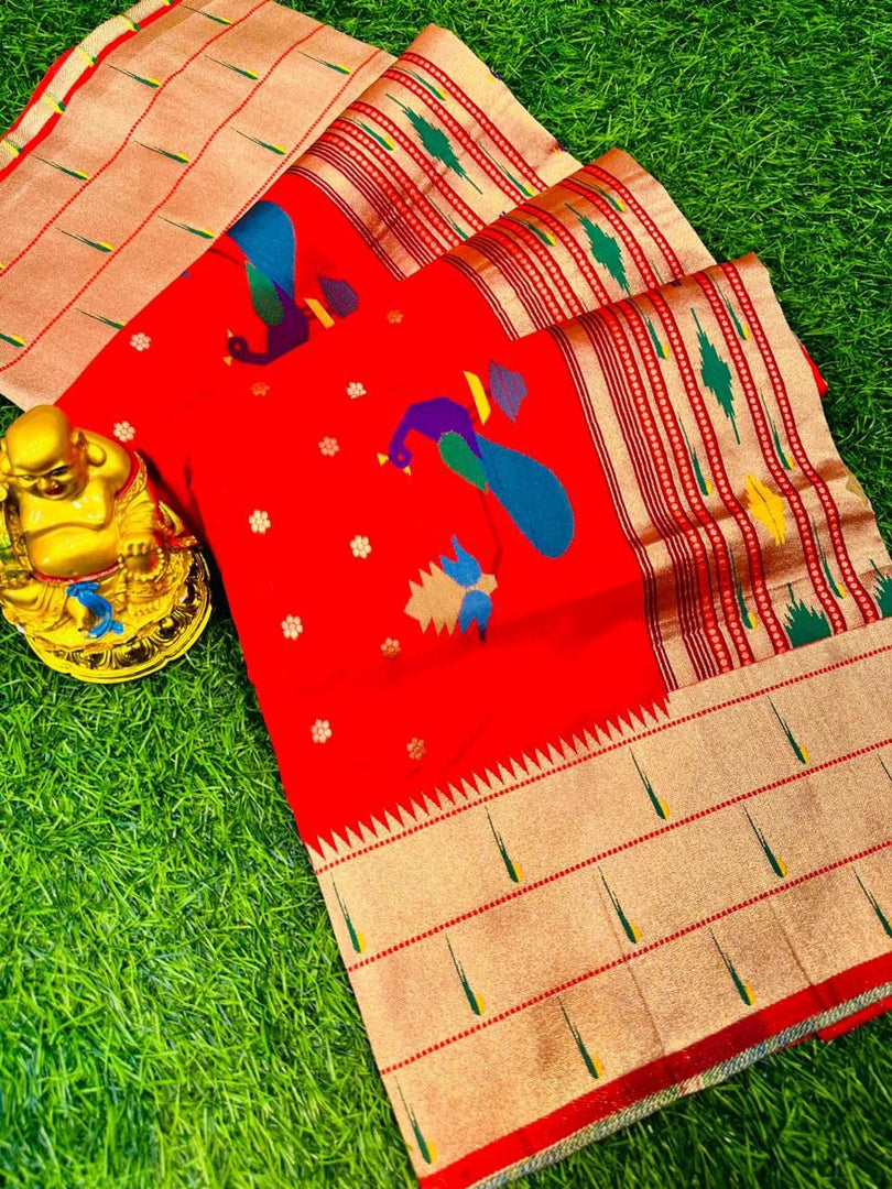 Design Details Red saree Solid saree with Zari Weaving border The saree comes with an unstitched blouse piece The blouse worn by the model might be for modelling ..