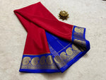 Load image into Gallery viewer, Pure Red semi mysore silk sarees with price and online shopping Price under 1000 . this fabric most usefull and gold zari weaving work and this fabric semi mysore silk saree price under 1000 . 
