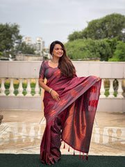 pure soft silk saree with Gold Zari Weaving saree and Exclusive Color Contrast with Jumka . This Fabric mainly manufacturing Kanchipuram in Tamil Nadu , India .