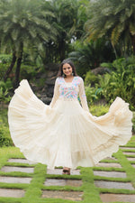 Load image into Gallery viewer, Pure White Cotton Gown With Price and Online Shopping Price under 2000 . this Fabric So Soft and V neck Fancy Neck Gown and This Fabric Cotton With Kutchi Gamthi Lace Work . This Gown White Cotton Tradition Woman Model and Lining Cotton  and Stitched Type 4 Layer Frill Stitch . Most Beautiful and Best Popular and Most Sellers Product . Traditional Look 2024-25 . 
