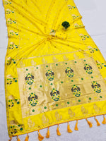 Load image into Gallery viewer, Pure Yellow Paithani SIlk Sarees With Price and Online Shopping Price Under 2500 . this Saree Yellow Fully Zari Weaving Work .Traditional Look for 2024-25 . 

