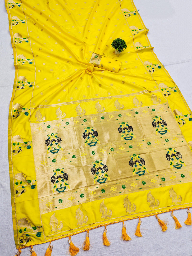 Pure Yellow Paithani SIlk Sarees With Price and Online Shopping Price Under 2500 . this Saree Yellow Fully Zari Weaving Work .Traditional Look for 2024-25 . 