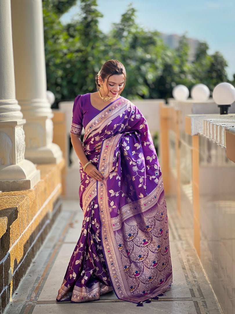 Purple Banarasi Silk Saree With Silver Zari Amazing Combination. Banarasi Saree Look So Pretty In Wedding Season . Banarasi Silk Saree A purple Banarasi silk saree is a striking and luxurious garment, combining the opulence of Banarasi weaving with the rich, regal tone of purple. Known for its intricate craftsmanship and rich cultural heritage, a purple Banarasi silk saree can be a showstopper at any special occasion, whether it's a wedding, a festival, or a grand celebration. Here's a detailed description 