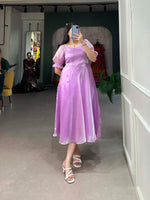 Load image into Gallery viewer, Purple Color Burberry Silk Plain Stitching and Line Cotton Dresses With Price and Online Shopping Price Under 1000 . Upgrade your style with this Burberry Silk frock. Elegant plain design, 4-meter flair, and micro cotton lining ensure comfort and style for any occasion. 

