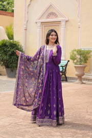 Buy Elegant Purple Gown with Embroidery Work , Trendy Purple Chinon Gown for Weddings , Designer Purple Anarkali Gown with Kalamkari Dupatta , Festive Wear Purple Sequins Work Gown Online . 