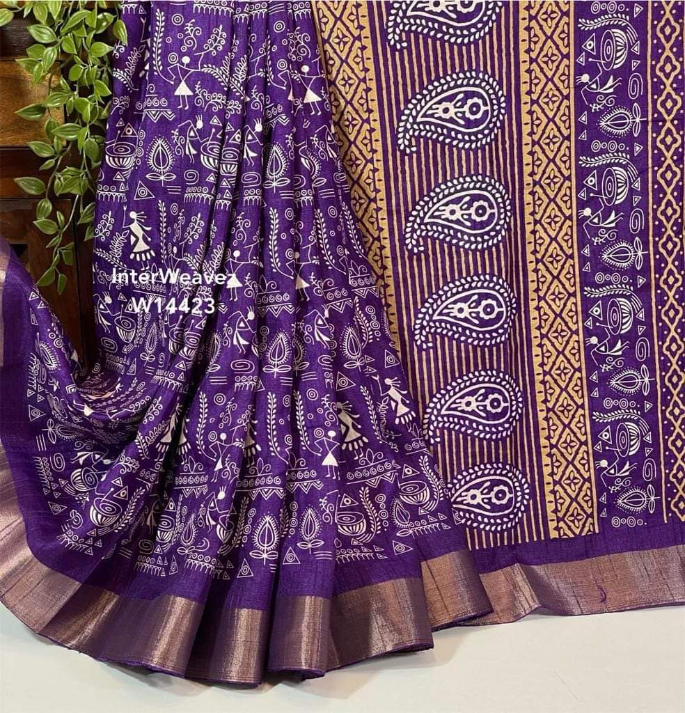 Shine at festive gatherings in this eye-catching purple silk saree with elegant digital prints , The rich purple hue enhances the detailed floral and peacock motifs, adding grace to your look , Make a bold statement with this vibrant Purple Super Dolla Silk Saree at any special occasion , Feel regal in a digitally printed purple saree that celebrates Indian craftsmanship , The contrast printed blouse pairs beautifully with the purple saree, creating a standout ensemble .