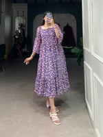 Load image into Gallery viewer, Purple Color Georgette Print Dress With Price and Online Shopping Price Under 1500. this fabric Purple Printed Design Model Woman Traditional look Use 2025-26 . This Fabric Purple Georgette Printed Work Fully Micro Cotton (full upto bottom) This Dress . This Dress Sleeve length 20 Inc.  
