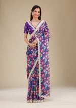 Load image into Gallery viewer, Purple Color Georgette Sarees Price and Online Shopping Price Under 1500 . this Purple Color Saree Best Weddings Wear Collection and Party , Event Wear Collection Purple sequin work saree, Digital print saree with cutwork border . 
