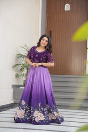 Purple Color Heavy Faux Blooming With Embroidery Work and Sequins Work Gown Price and Online Shopping Price Under 1500  . Stylish Purple Long Gown , Designer Purple Gown for Festive Wear , Purple Gown with Canvas Patta Stitch , Heavy Flair Purple Gown Online . 