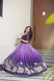Purple Faux Blooming Gown , Elegant Purple Gown with Beads Embroidery , Floral Printed Purple Gown Online , Party Wear Purple Gown for Women , Purple Embroidered Gown with Digital Print , Wedding Special Purple Gown . 