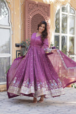 Load image into Gallery viewer, Purple Gown for Festive Wear , Purple Ethnic Wear for Women , Purple Embroidered Dress , Party Wear Purple Suit Set , Elegant Purple Indian Dress , Purple Wedding Outfit for Ladies , Purple Anarkali Gown Online , Designer Purple Kurti with Dupatta , Purple Long Flared Gown , Purple Traditional Dress for Events .

