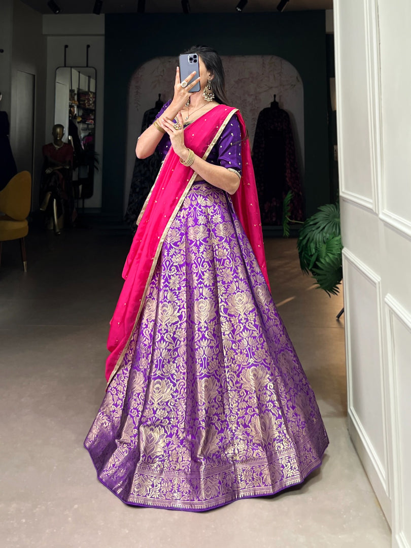 Purple Color Lehenga and Dark Rani and Dupatta Organza Or Langa Voni , Dhavani Set , Half-Saree and Davani Set Price and Online Shopping Price 2000. this Fabric So Heavy and Zari Weaving Work and Heavy Dupatta Zari Weaving Work and Both side Tassels . This Fabric Purple Color With Dark Rani Color Blouse Jacquard Silk Dhavani Set Original and Best For Weddings Wear Collection Traditional Look For 2024-25 , 2025-26 . 