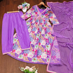 Load image into Gallery viewer, Purple Anarkali suit for festive and casual wear, Lightweight muslin purple Anarkali with beautiful flair , Shine printed purple suit for traditional occasions , Soft fabric purple Anarkali with trendy sleeve design , Comfortable purple ethnic dress for party wear . 
