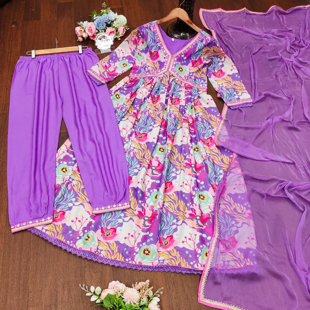 Purple Anarkali suit for festive and casual wear, Lightweight muslin purple Anarkali with beautiful flair , Shine printed purple suit for traditional occasions , Soft fabric purple Anarkali with trendy sleeve design , Comfortable purple ethnic dress for party wear . 