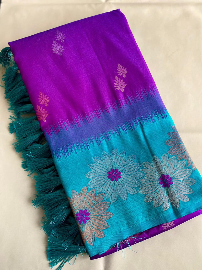 Rich purple silk saree with woven zari border ₹2299 , Purple silk saree perfect for wedding receptions , Luxurious purple color in premium crafted silk fabric , Zari weaving purple saree with designer blouse piece , Bold and regal purple silk saree under ₹2300. , Party wear purple saree in soft silk with golden highlights , Best-selling purple silk saree for classy occasions . 