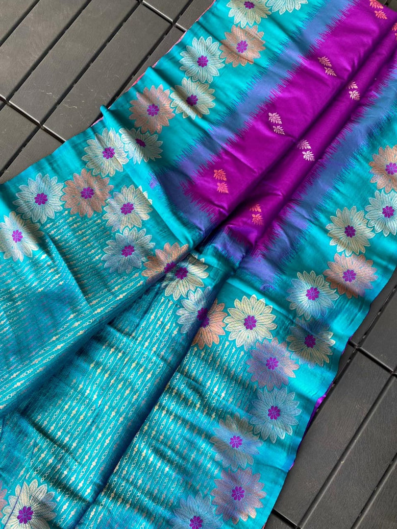 Purple Color Premium Silk Saree with Zari weaving, 6.3m length. Includes matching blouse. Machine washable. Expertly crafted for timeless elegance.