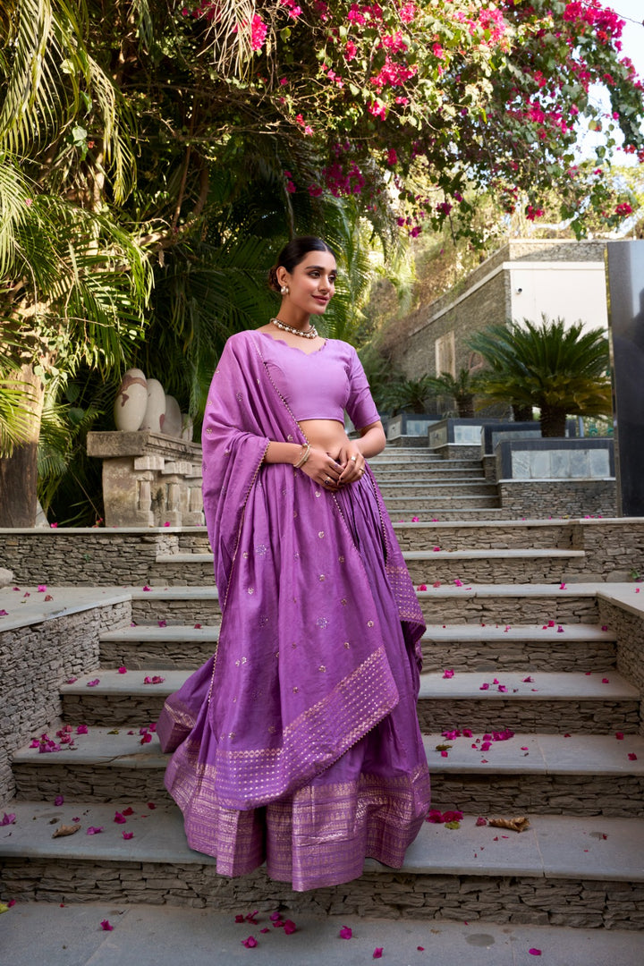 Purple Or Lovender Pure Chanderi Dhavani Set , Lnaga Voni , Davani Set and Half-Sarees Price and Onlie Shopping Price Under 2000 . This Dhavani Set Plain With Zari Weaving Work Border and Weddings Wear Collection . 