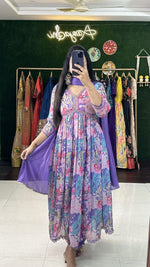 Load image into Gallery viewer, Stylish purple cotton muslin Anarkali with embroidery , Elegant purple shine print Anarkali suit , Purple puff sleeve Anarkali for modern ethnic look , Cotton muslin Anarkali in rich purple tone .
