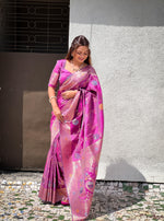 Load image into Gallery viewer, Purple Color Soft Banarasi Silk Sarees With Price and Online Shopping Price under 1500 . this Fabric Fully Zari Weaving Work and most Unique Design and With Blouse Union the saree has a smooth, lustrous finish that reflects light . 
