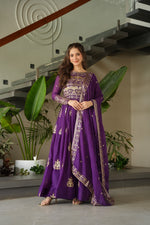 Load image into Gallery viewer, Purple Color Pure Soft Lichi Silk Gown with Dupatta Anarkali Set | Rich Sequin Work With Embroidery Work Anarkali , Embellished dark purple party gown with matching dupatta , Traditional yet trendy – dark purple gown set , Zari sequins gown in deep purple for glam occasions , Shop dark purple gown with dupatta online at best price . 
