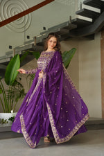 Load image into Gallery viewer, Chinon Anarkali with sequins and beads embroidery. 56&quot; length, cotton lined, full sleeves with fancy neck. Includes 2.3m matching embroidered dupatta. Wedding-ready ensemble - Shop Now Shoppers Trand
