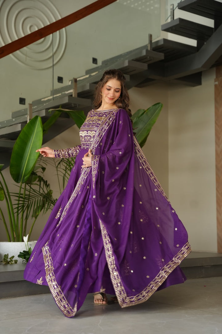Chinon Anarkali with sequins and beads embroidery. 56" length, cotton lined, full sleeves with fancy neck. Includes 2.3m matching embroidered dupatta. Wedding-ready ensemble - Shop Now Shoppers Trand