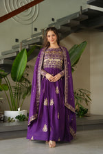 Load image into Gallery viewer, Premium Purple Chinon Anarkali gown with sequins and beads embroidery. Features 56&quot; length, 3.5m flair, full cotton lining, and fancy neckline. Includes matching 2.3m embroidered dupatta. Complete wedding-ready ensemble.
