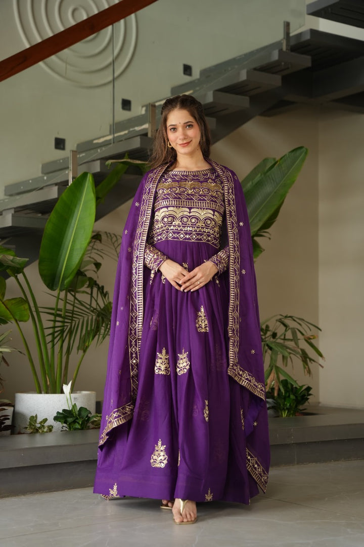 Premium Purple Chinon Anarkali gown with sequins and beads embroidery. Features 56" length, 3.5m flair, full cotton lining, and fancy neckline. Includes matching 2.3m embroidered dupatta. Complete wedding-ready ensemble.