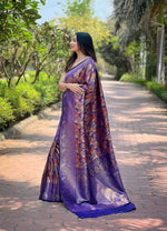 Load image into Gallery viewer, Purple Elegant Softy Silk Saree featuring digital print with gold jari detailing. 6.3m length with matching blouse piece , Soft Silk Saree Price Under 1199 - 1500 - Shop Now Shoppers Trend
